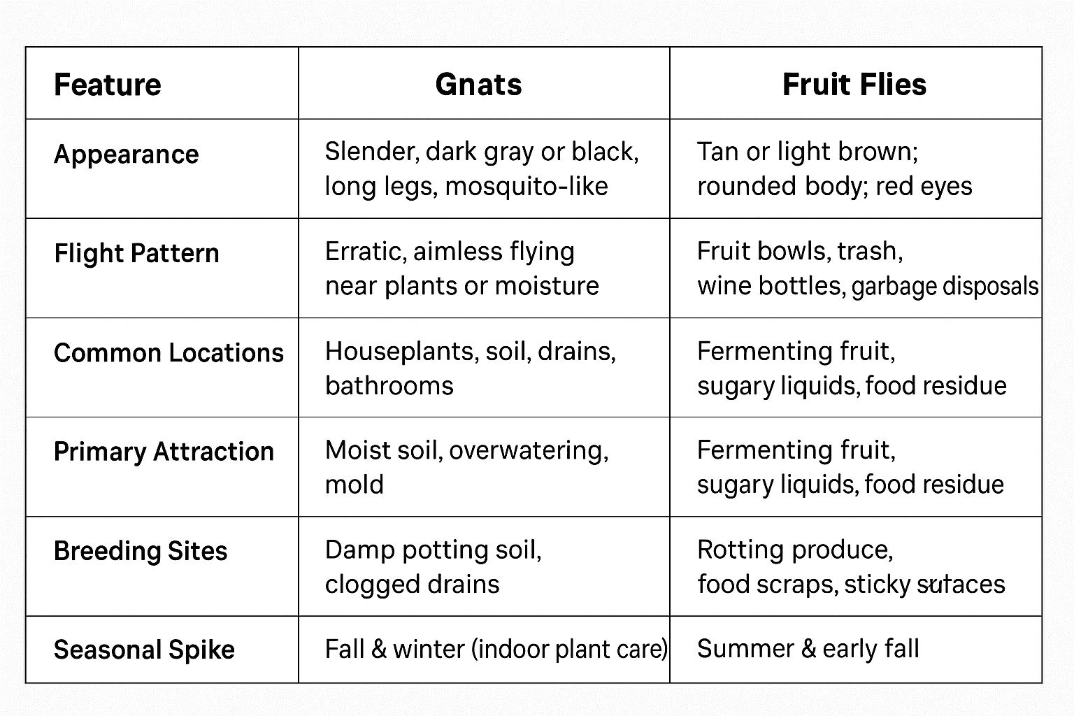 Comparison chart of gnats vs fruit flies showing differences in appearance, behavior, and seasonal activity.
